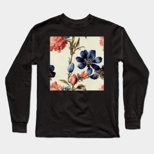 Peach Red and Blue Floral Design on Off White Ivory Background Long Sleeve T-Shirt